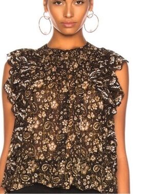 Ulla Johnson Women’s Addie Top 100% Silk Paisley Ruffle Sleeve Black & Brown 10